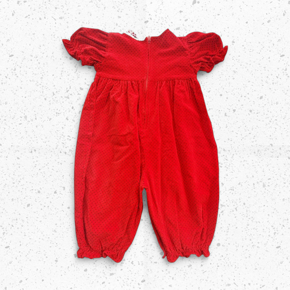 VTG 80s Red and Polkadot Velour Smocked Romper 6-9 Months - Picture 2 of 12